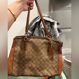 Coach Monogram Tote with Saddle Leather Trim